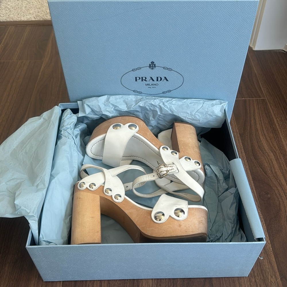 White and Wood Prada Platform Heels